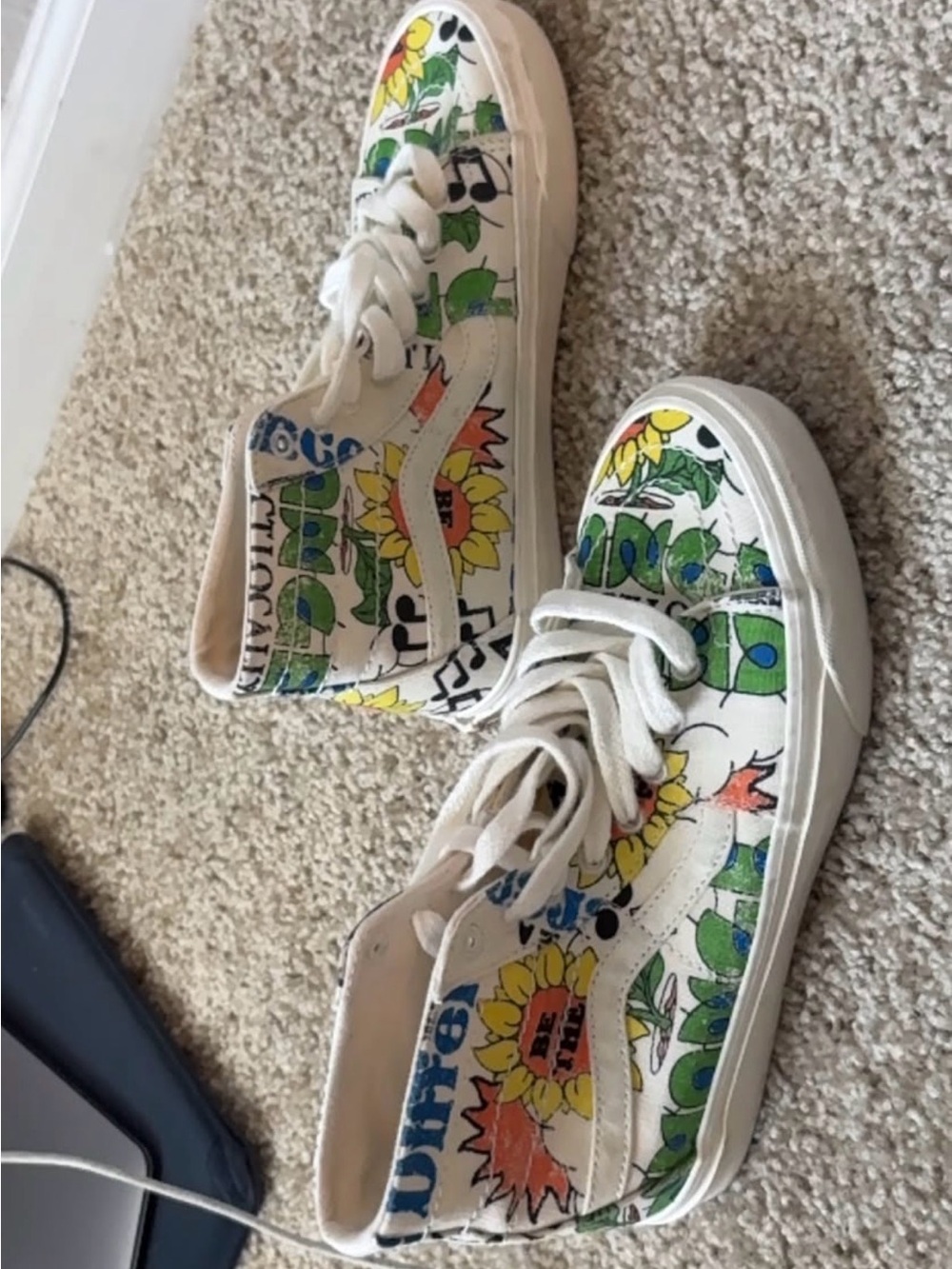 Vans White Canvas High-Top Sneakers with Multicolor Sunflower Print